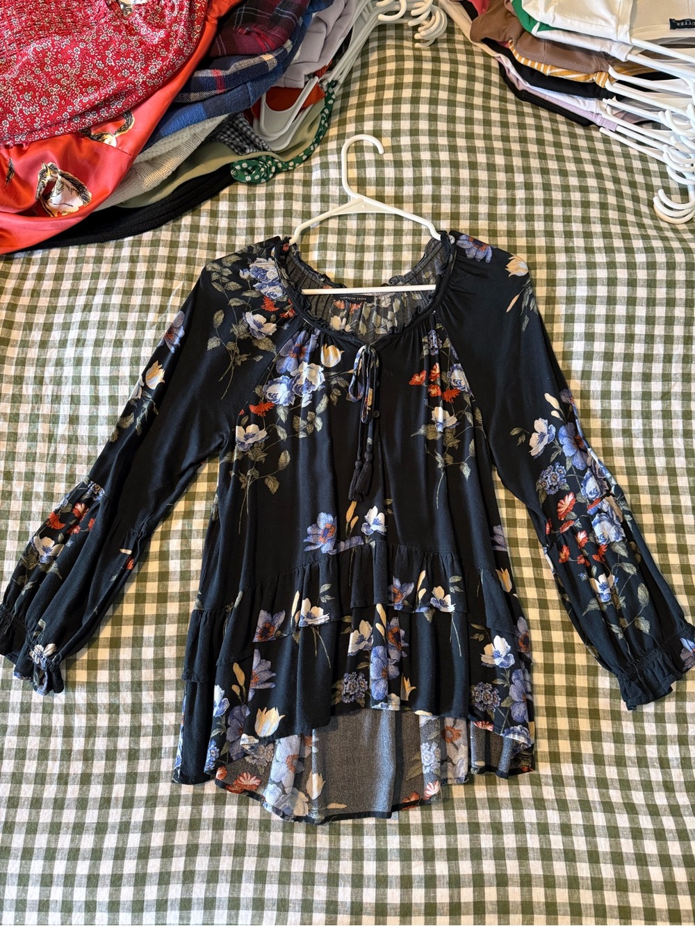 American Eagle Outfitters Black Floral Peasant Tunic with Blue and Rust Flowers